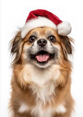 Tibetan Spaniel Dog with Santa Hat