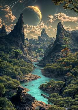 Alien planet landscape with river