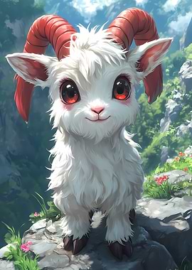 Cute Cartoon Goat in Mountain Landscape