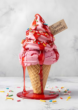 Pink Ice Cream Cone with Toppings