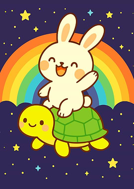 Rabbit Turtle Cosmic Rainbow Cute Kawaii Art Illustration