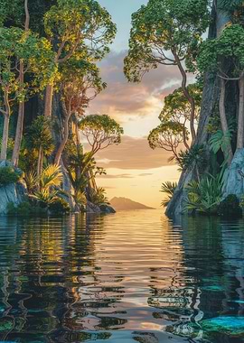 Tropical Island Lagoon at Sunset