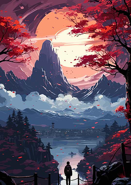 Japanese Landscape with Figure and Mountains