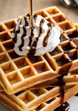Waffles with Whipped Cream and Syrup