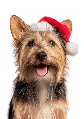 Silky Terrier Dog with Santa Hat Portrait