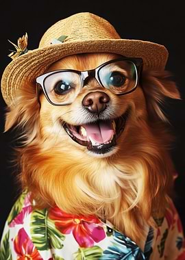 Funny Dog in Hat and Hawaiian Shirt and Glasses