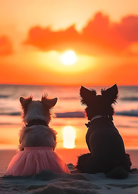 Lovely Couple Dogs watching sunset on the beach