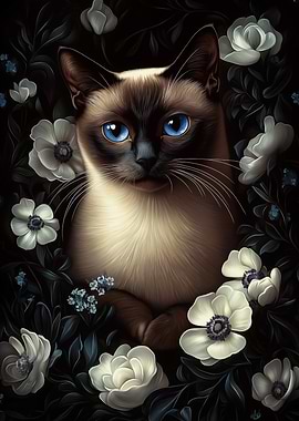 Siamese Cat Portrait with White Flowers