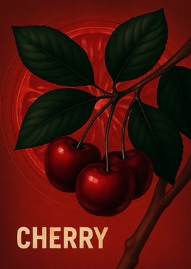Cherries on Branch with Red Background