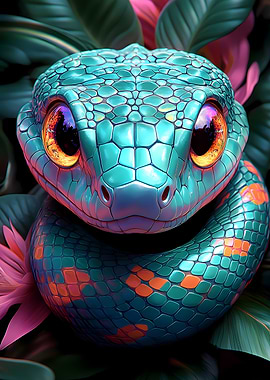 Cute Teal Snake with Orange Eyes