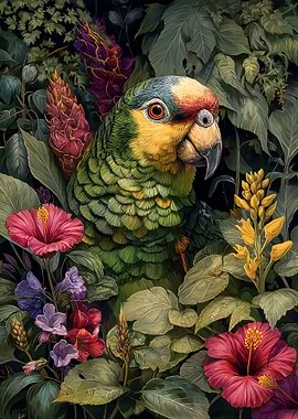 Parrot in a Floral Jungle