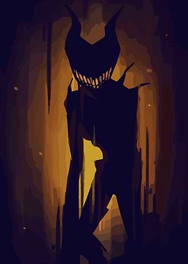 Silhouette of a horned, grinning figure