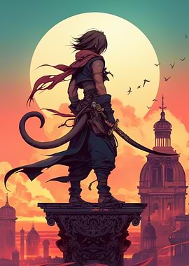Warrior on a pedestal at sunset
