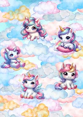 Cute Unicorns in Watercolor Cloudscape