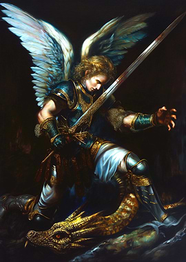 Angel slaying a dragon painting