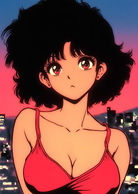Anime Girl in Cityscape at Sunset