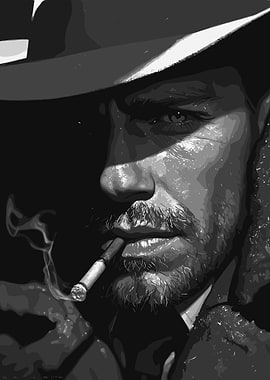 Monochrome Man with Hat and Cigarette