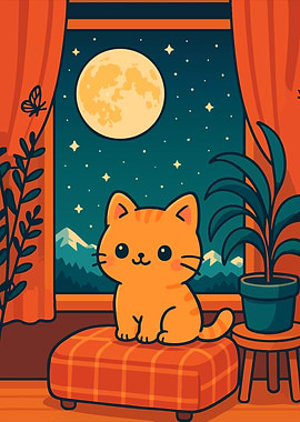 Cute Cat on Ottoman at Night Kawaii Art Illustration