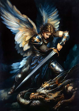 Angel Warrior Slaying Dragon Painting