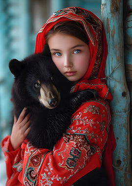Girl with Bear Cub Portrait