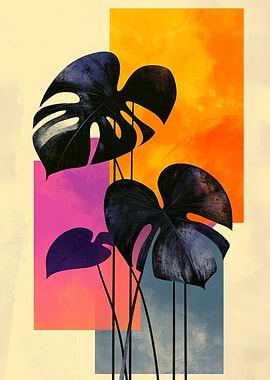 Retro Monstera Leaves with Geometric Pop Art Style