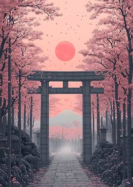 Japanese Torii Gate with Cherry Blossoms