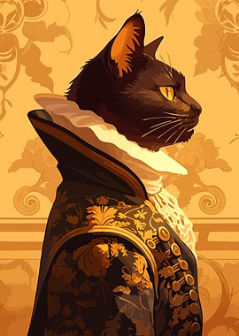 Ornate Victorian Fashion Black Cat Portrait Minimalist Art Illustration