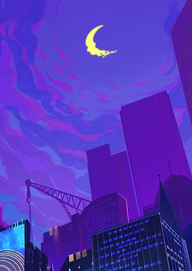 Purple Cityscape with Crescent Moon