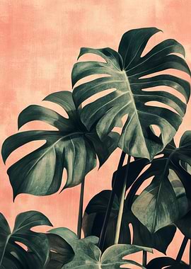 Monstera Plant on Peach Background | Retro Monstera Poster