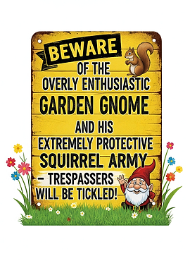 Beware Garden Gnome and Squirrel Army Sign