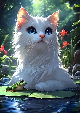 White Cat and Frog in Pond