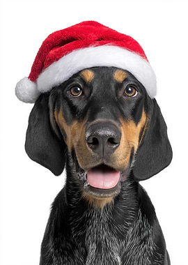 Black and Tan Coonhound Dog with Santa Hat