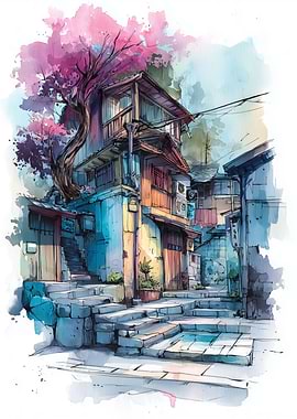 Watercolor Japanese Street Scene with Cherry Blossom