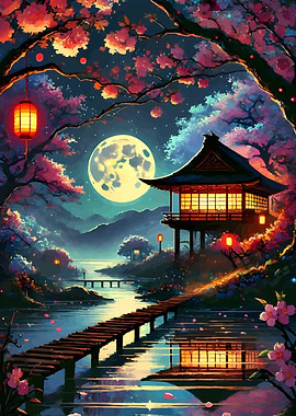 Japanese Temple Under Cherry Blossoms