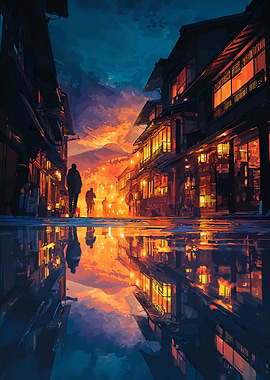 Japanese street at dusk with reflections
