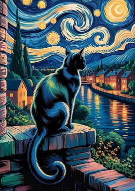 Cat gazing at Starry Night scenery