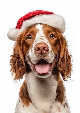 Welsh Springer Spaniel Dog with Santa Hat Portrait