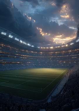Illuminated Stadium Under Dramatic Sky