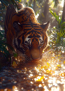 Tiger drinking water in jungle