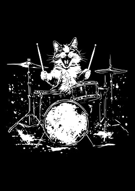 Cat playing drums black and white