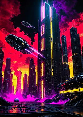 Cyberpunk Cityscape with Flying Vehicles