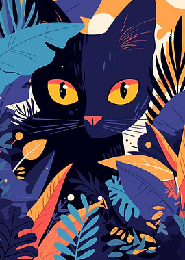Black Cat in Tropical Foliage Minimalist Art Illustration