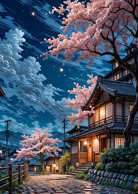 Japanese Village at Night with Cherry Blossoms