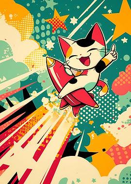 Cartoon Cat Riding a Rocket