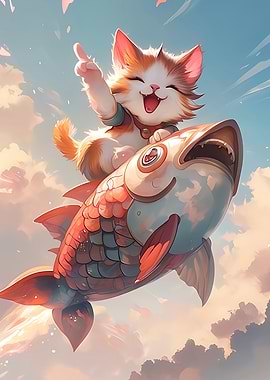 Happy Cat Riding a Flying Fish