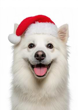 American Eskimo Dog with Santa Hat Portrait