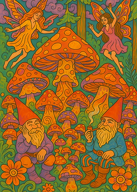 Psychedelic Mushroom Forest with Gnomes and Fairies