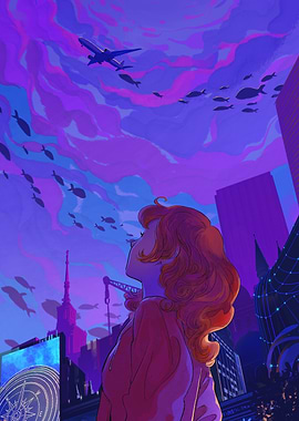 Dreamy Cityscape with Airplane and Fish