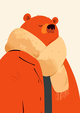 Cute Cozy Bear in Autumn Coat and Scarf Fashion Minimalist Art Illustration