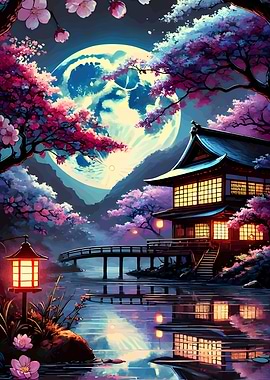 Japanese House Under Moonlight with Cherry Blossoms
